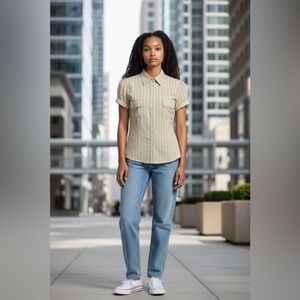 Michael Kors Beige Striped snap onShirt size 4 NWOT